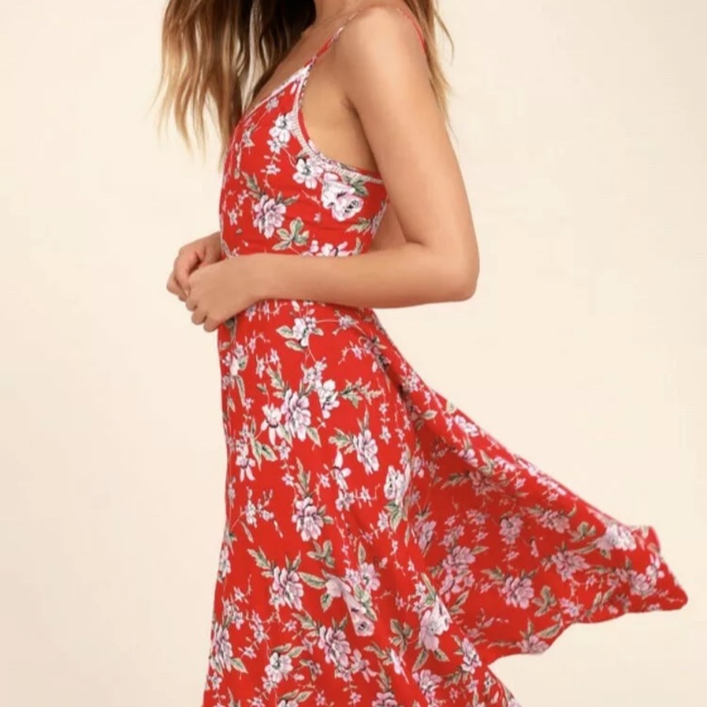 ESPERANZA RED FLORAL PRINT MIDI DRESS LULUS XL NWT